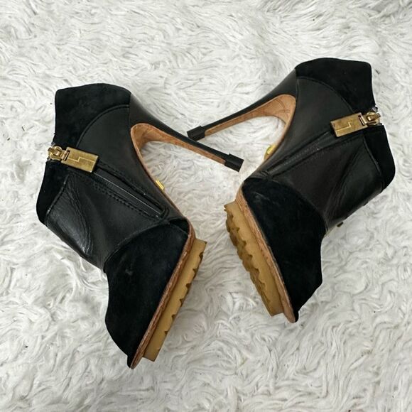 L.A.M.B. Black Peep Toe Leather & Suede Chunky Buckle Ultra High Heel sz 7 M - Picture 4 of 10